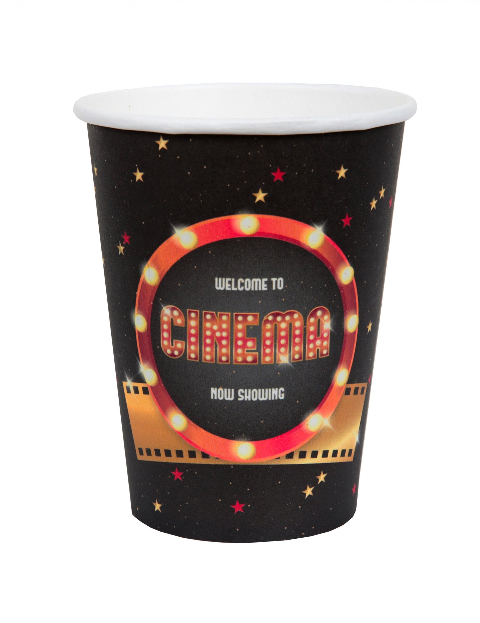 Gobelets en carton Hollywood pour fête noirs avec motif cinéma et étoiles dorées