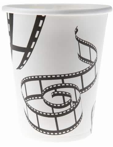 Gobelets en carton cinéma pour fête blanc et noir avec motifs de pellicule