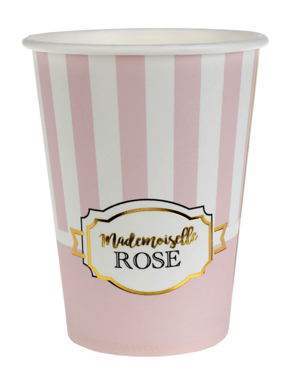 Gobelets en carton Mademoiselle Rose pour baby shower rayés roses et blancs