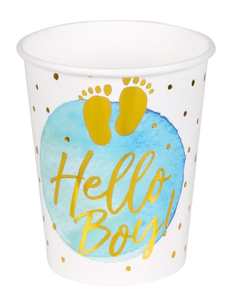 Gobelets en carton Hello Boy pour baby shower bleu et or avec pois dorés