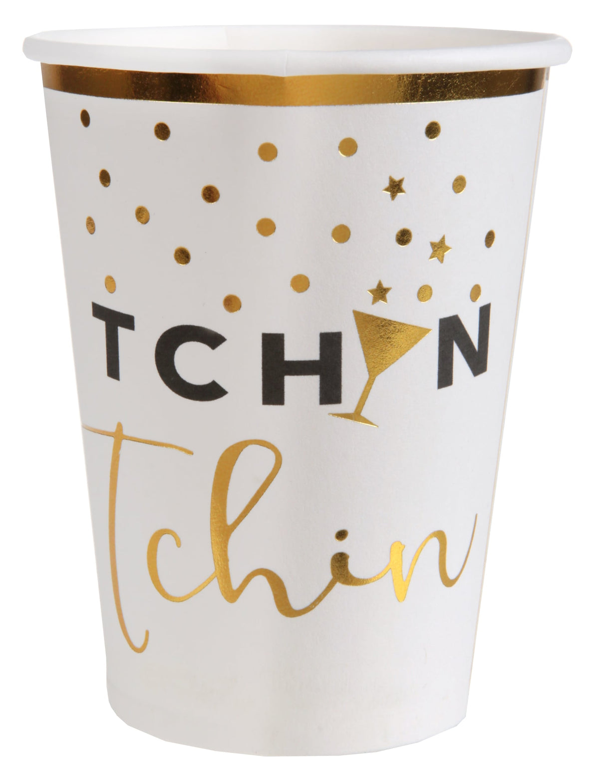 Gobelets en carton tchin tchin pour fête blanc et doré