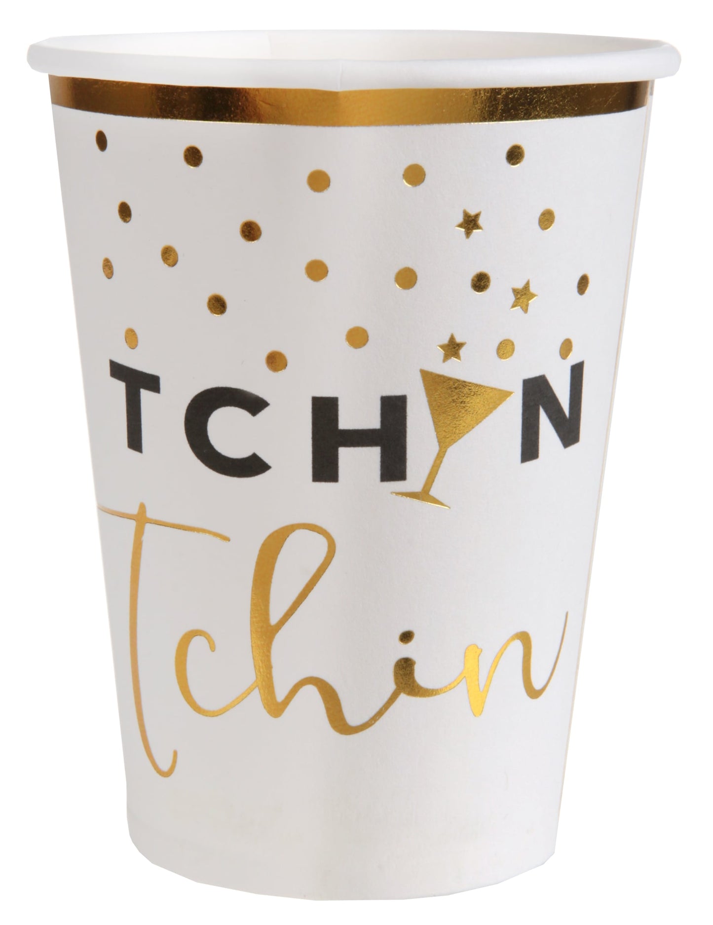 Gobelets en carton tchin tchin pour fête blanc et doré