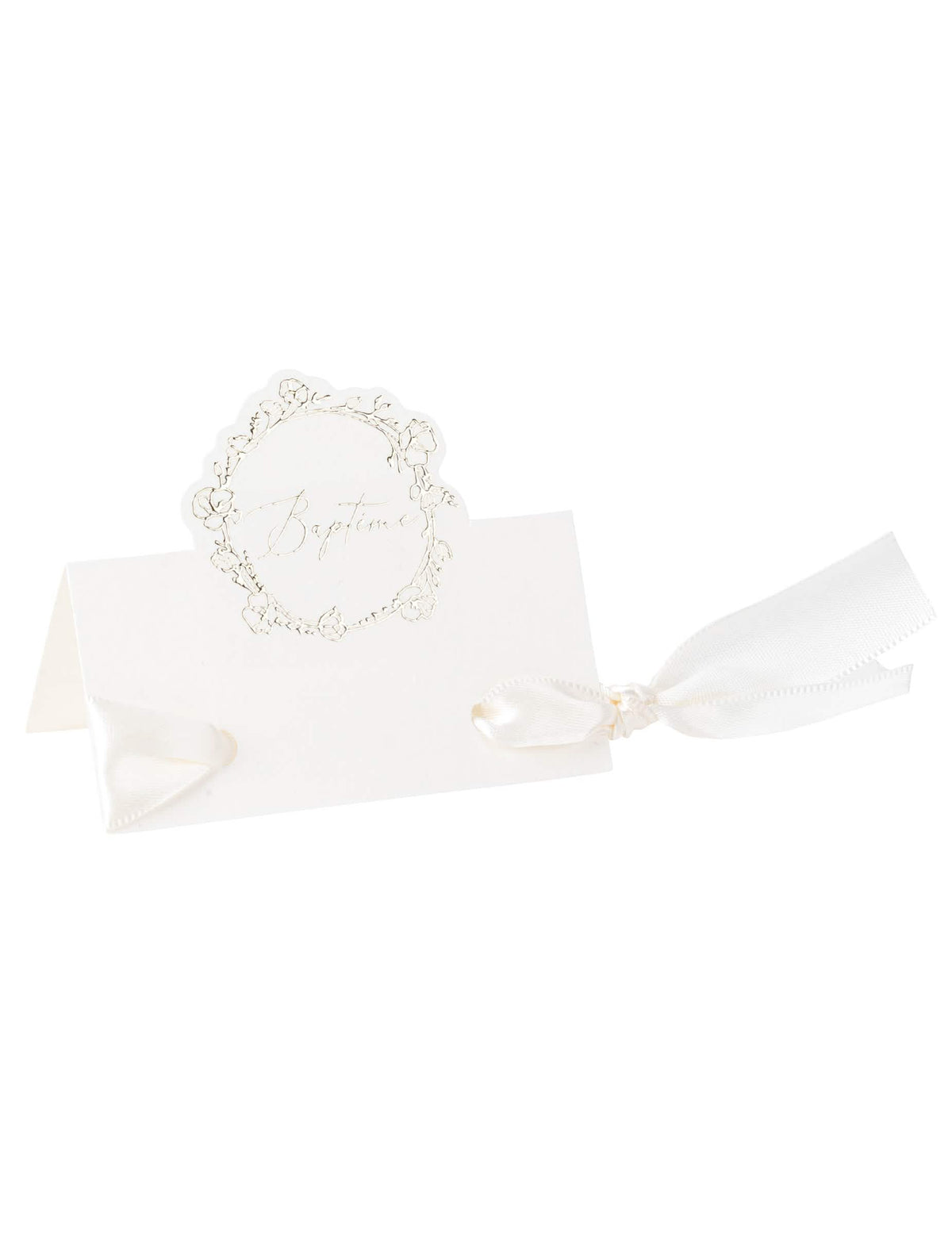 Marque-place baptême blanc avec motif floral doré et ruban satiné