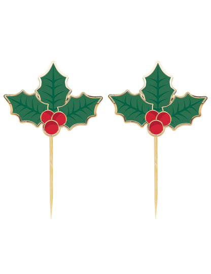 Pics à cocktail houx de Noël pour fête vert et rouge en bois
