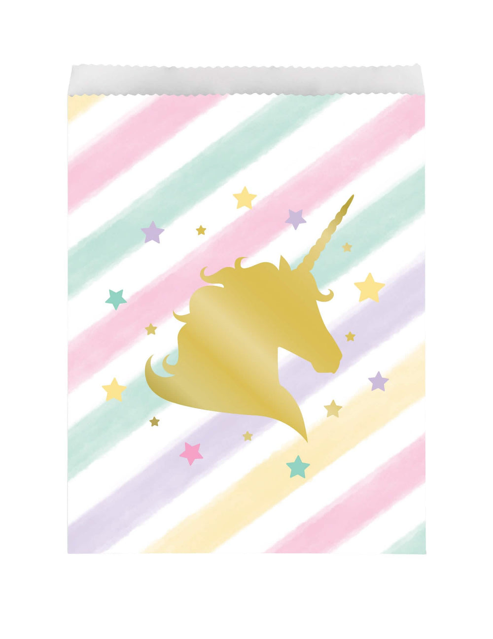 Sachet en papier licorne étoiles pastel avec silhouette dorée