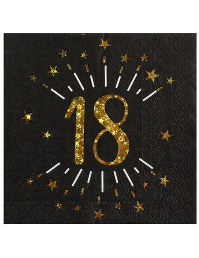 Serviettes papier joyeux anniversaire 18 pour fête noir et or avec étoiles dorées