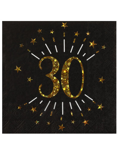 Serviettes papier joyeux anniversaire 30 pour adulte noir et or avec étoiles