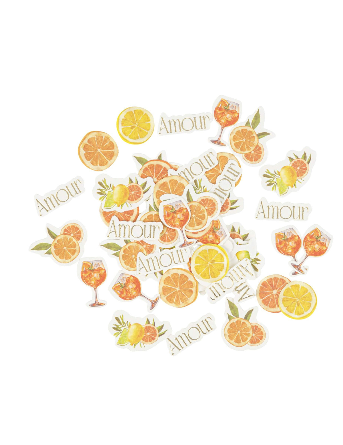 Confettis fizz agrume pour fête crème, orange, jaune et or motifs variés