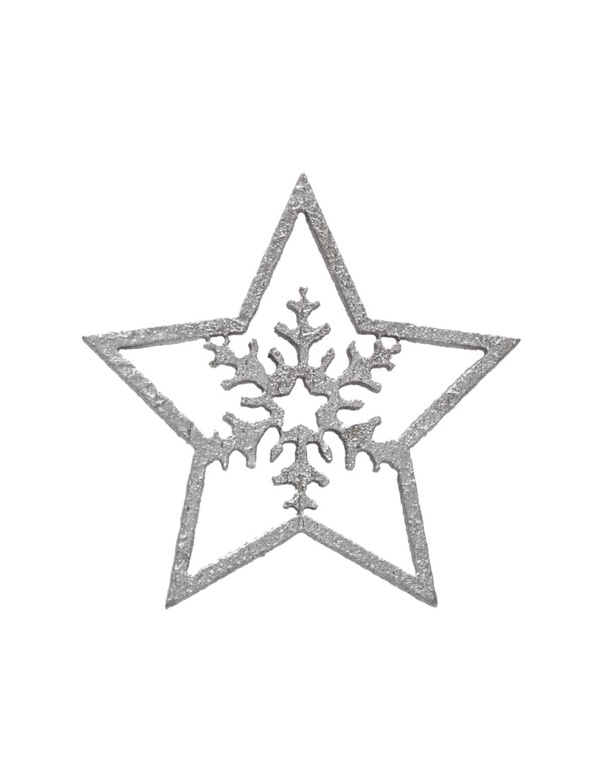 Gros plan sur le motif flocon de neige des décorations étoiles pour table argentées en bois à paillettes
