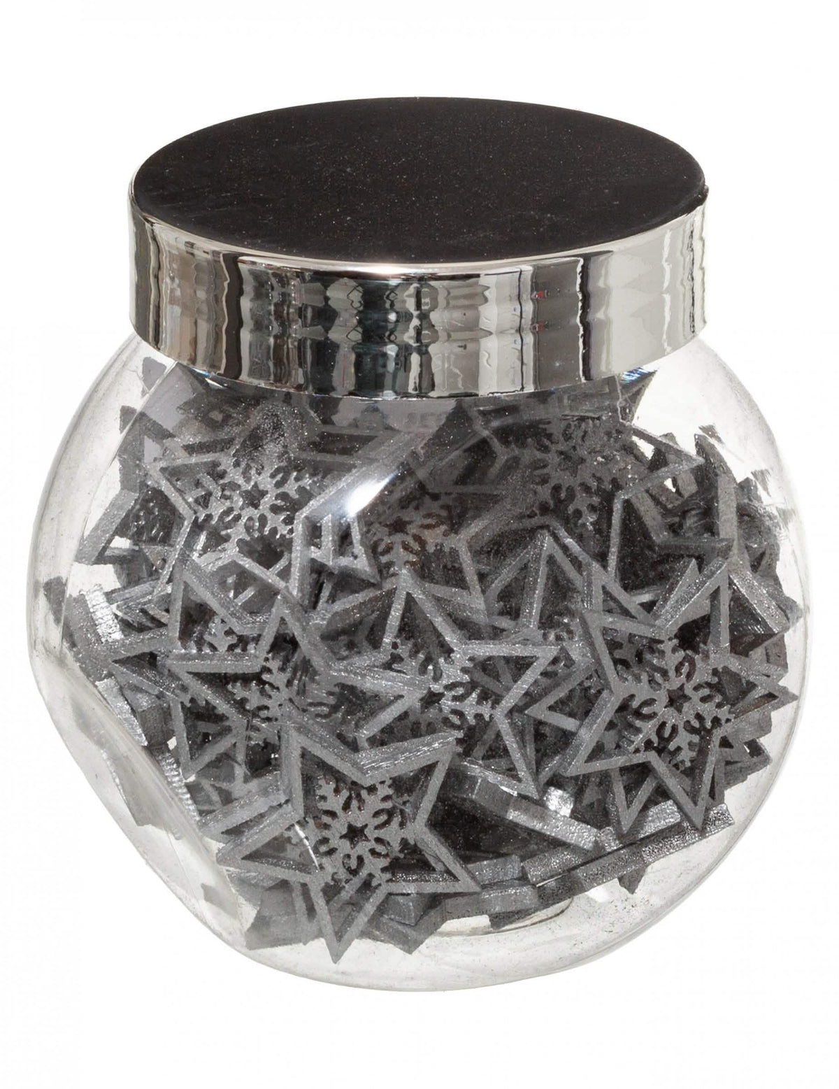 Gros plan sur le motif flocon de neige des décorations étoiles pour table argentées en bois à paillettes