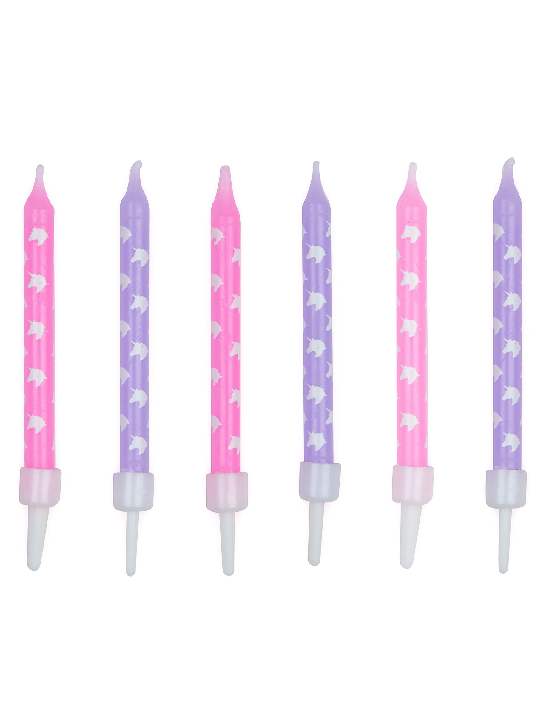 12 bougies d'anniversaire licorne roses et violettes avec bobèches