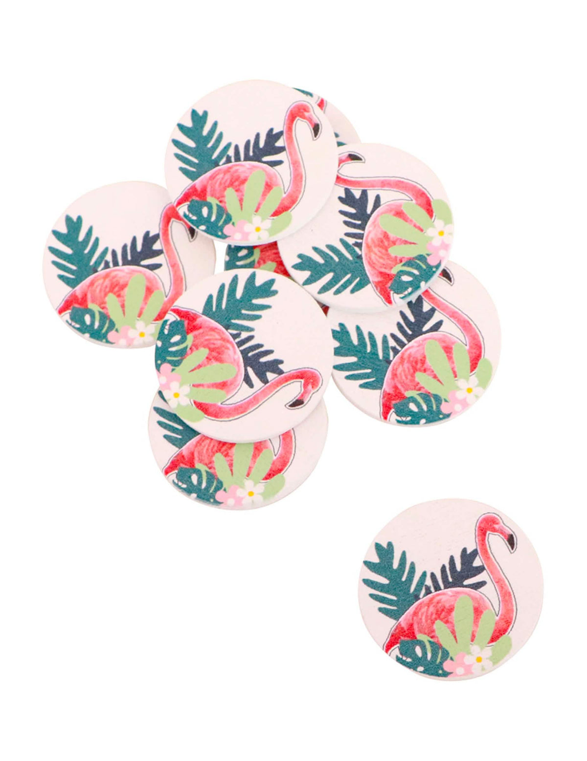 Itsekiinnittyvät trooppiset flamingo-konfetit diy:hen ja vaaleanpunainen ja vihreä pöytä