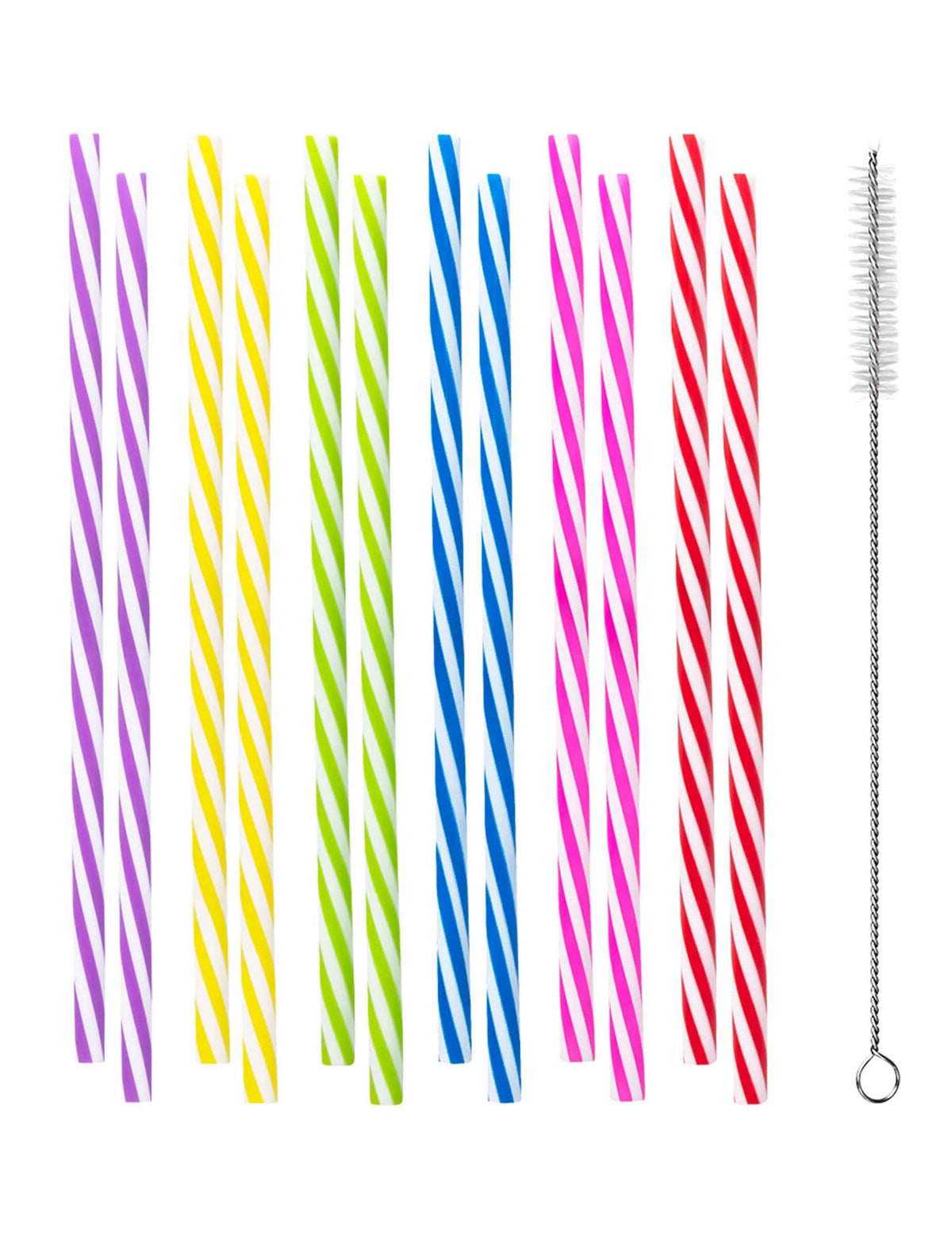 12 pailles en plastique réutilisable rayées pour fête multicolores avec goupillon de nettoyage