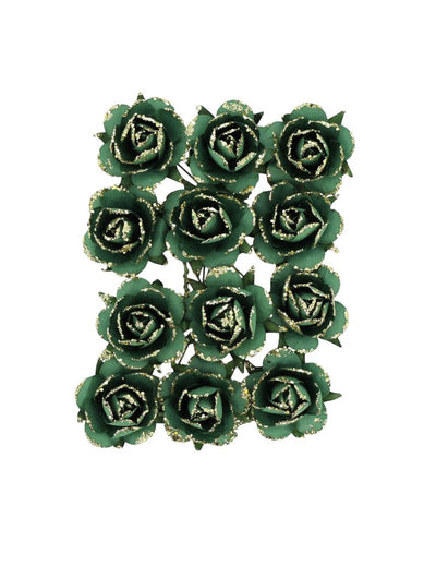 12 varrellista paperiruusua tummanvihreä ja kulta 3,5 cm