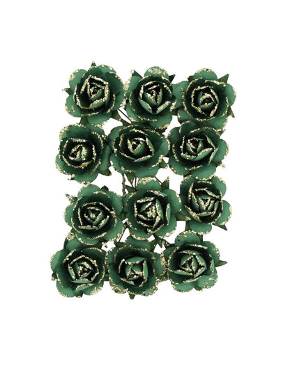 12 varrellista paperiruusua tummanvihreä ja kulta 3,5 cm