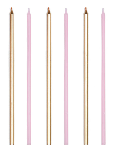 Bougies géantes d'anniversaire pour fête rose et doré métallique avec bobèches