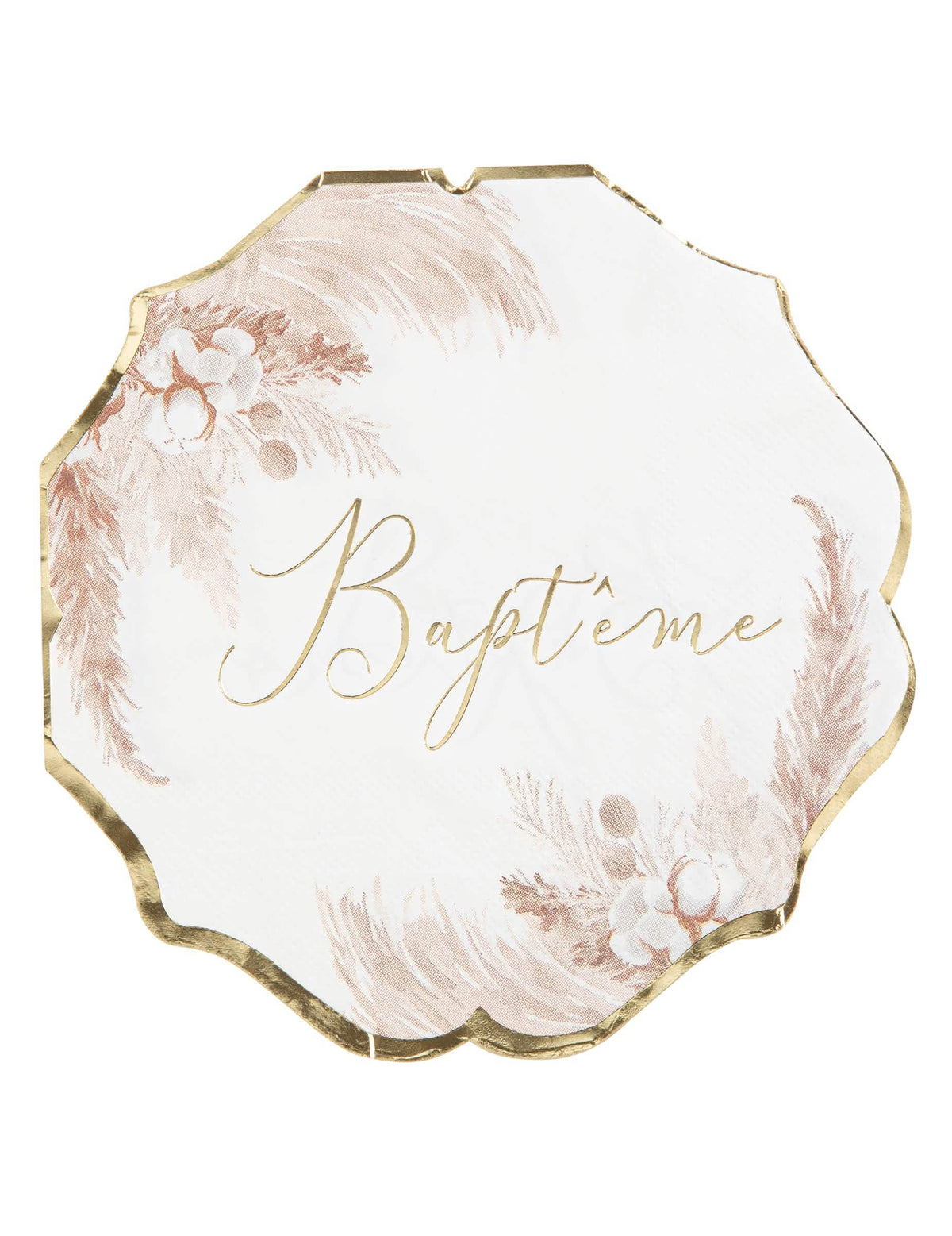 Serviettes en papier pampas et fleurs de coton pour baptême dorées