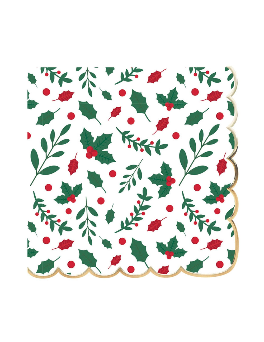 Serviettes en papier festonnées houx pour Noël blanches et vertes avec bord doré