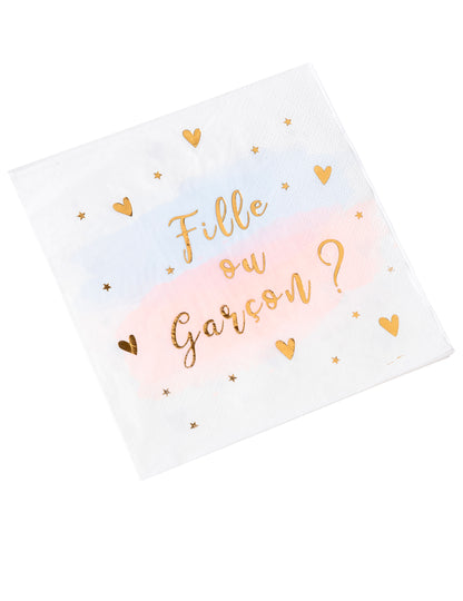 Serviettes en papier fille ou garçon pour baby shower rose bleu et or