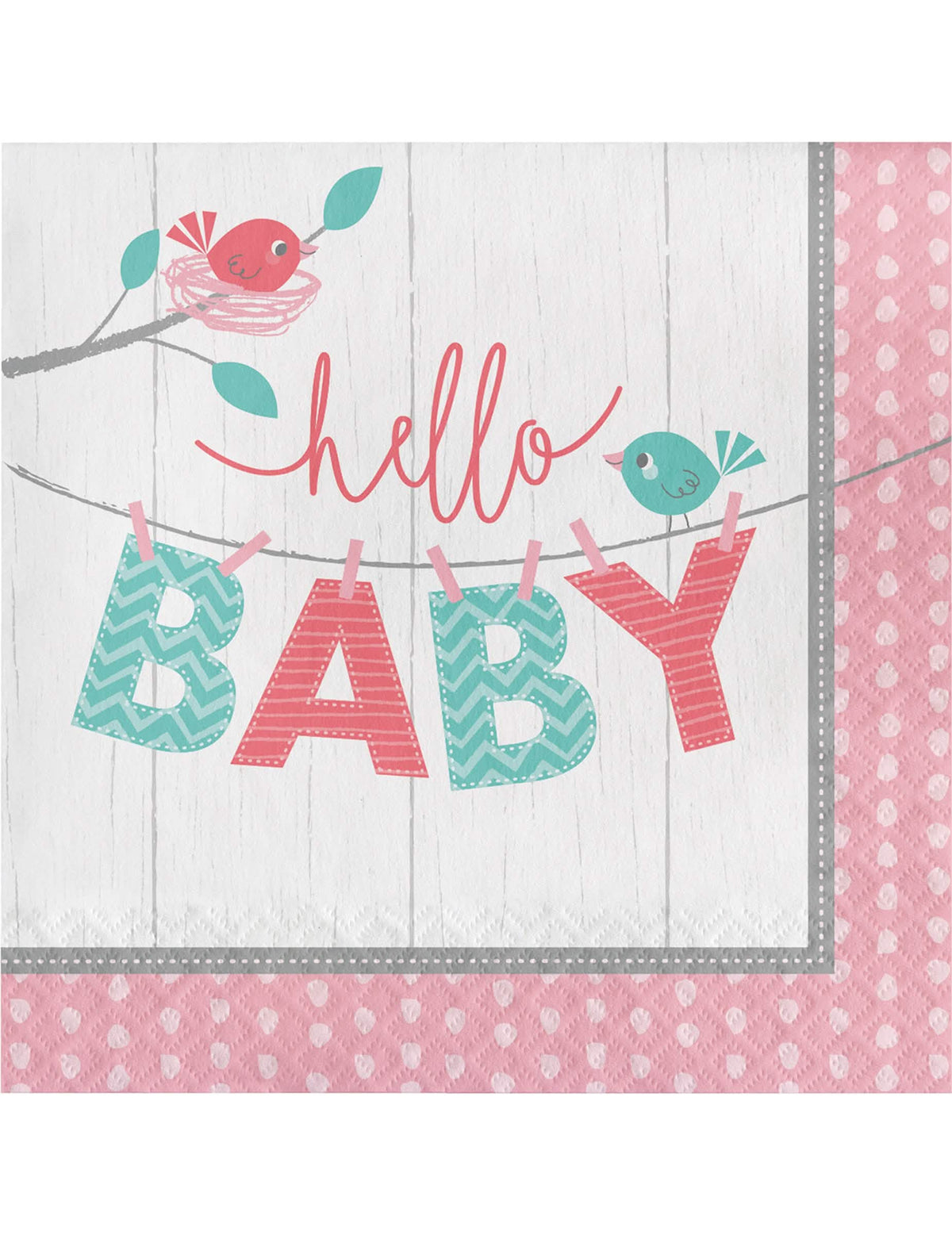 Serviettes en papier Hello Baby pour baptême roses avec oiseaux et nid