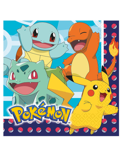Serviettes en papier Pokémon pour fête bleues avec Pikachu, Carapuce, Salamèche et Bulbizarre