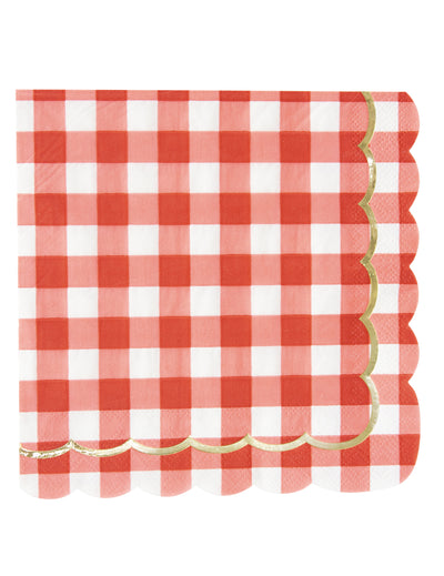 Serviettes festonnées en papier vichy rouge et blanc avec liseré doré