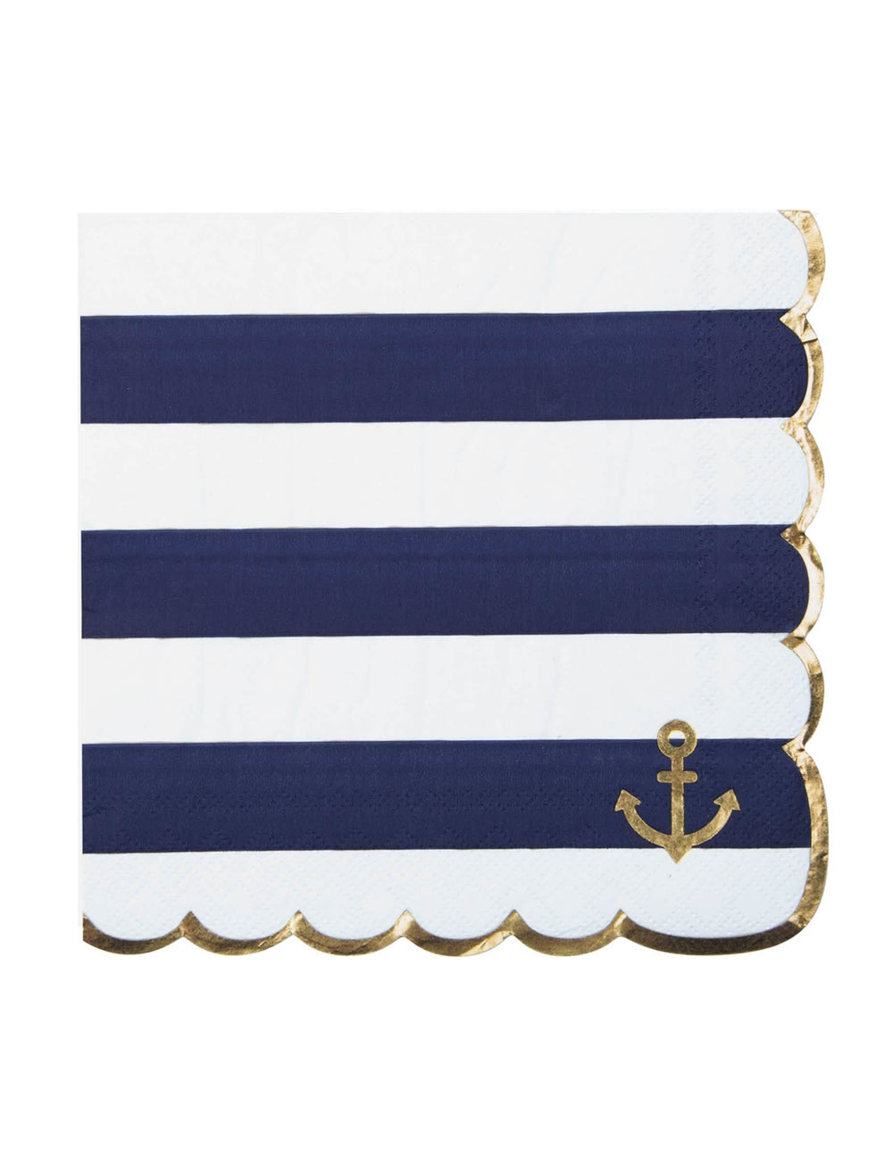 Serviettes festonnées en papier marinière bleu marine et blanc à bords dorés avec ancre