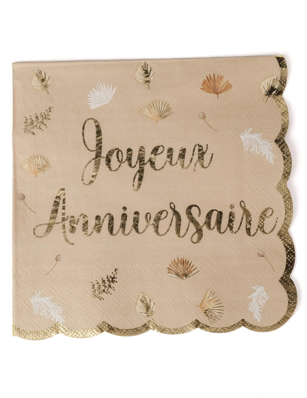 Serviettes joyeux anniversaire boho blush et or festonnées