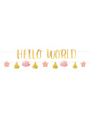 Guirlandes en carton Hello World pour baby shower rose et or