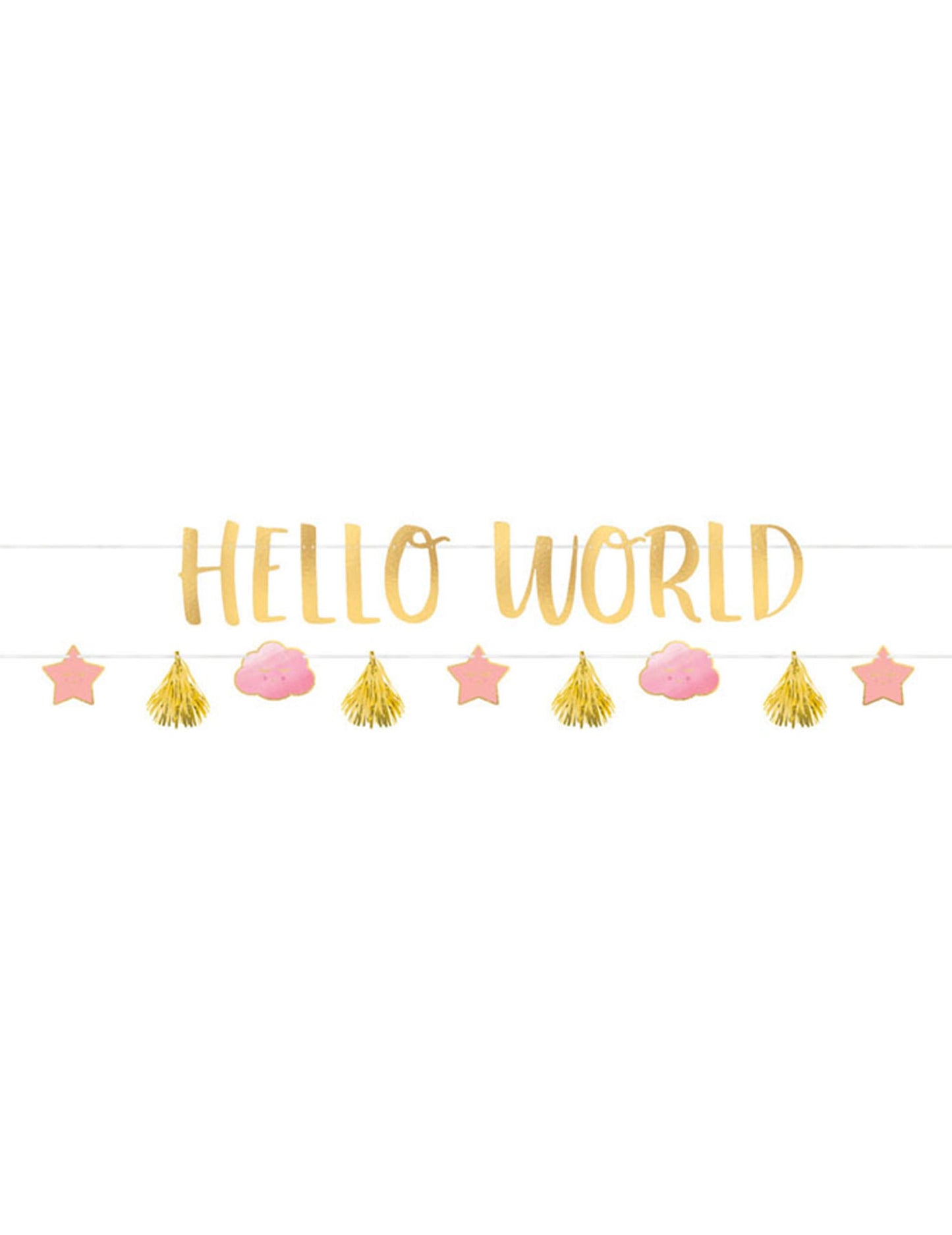 Guirlandes en carton Hello World pour baby shower rose et or