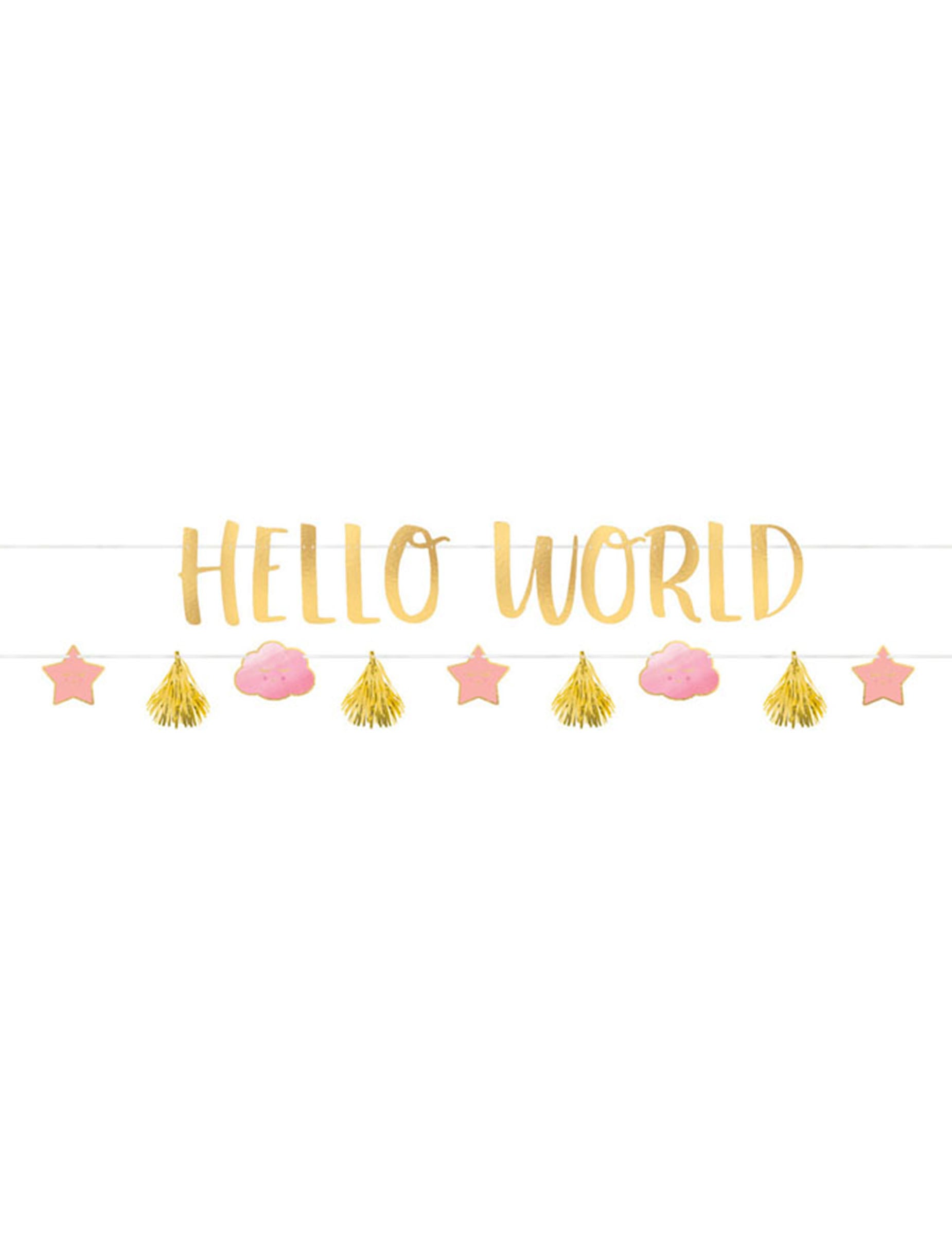 Guirlandes en carton Hello World pour baby shower rose et or