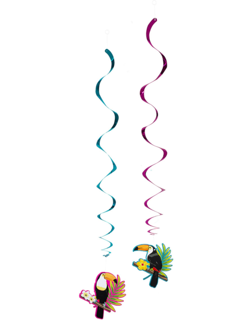 Suspensions spirales toucan bleues et roses avec fleurs tropicales