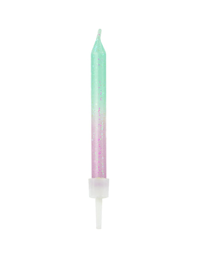 Bougies d'anniversaire iridescentes dégradé vert et rose pailleté