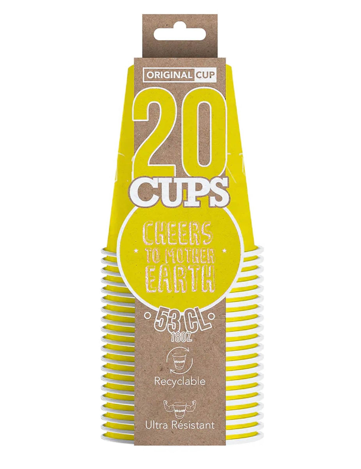 Vue de face du packaging des gobelets américains en carton recyclable pour fête jaunes