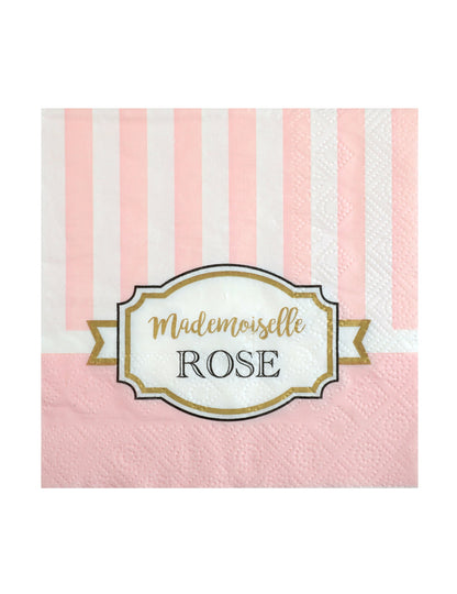 Serviettes en papier Mademoiselle rose pour baby shower rose à rayures blanches