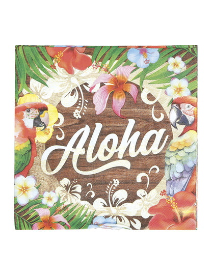 Serviettes Aloha Hawaï avec motifs tropicaux de perroquets et fleurs d'hibiscus sur fond bois