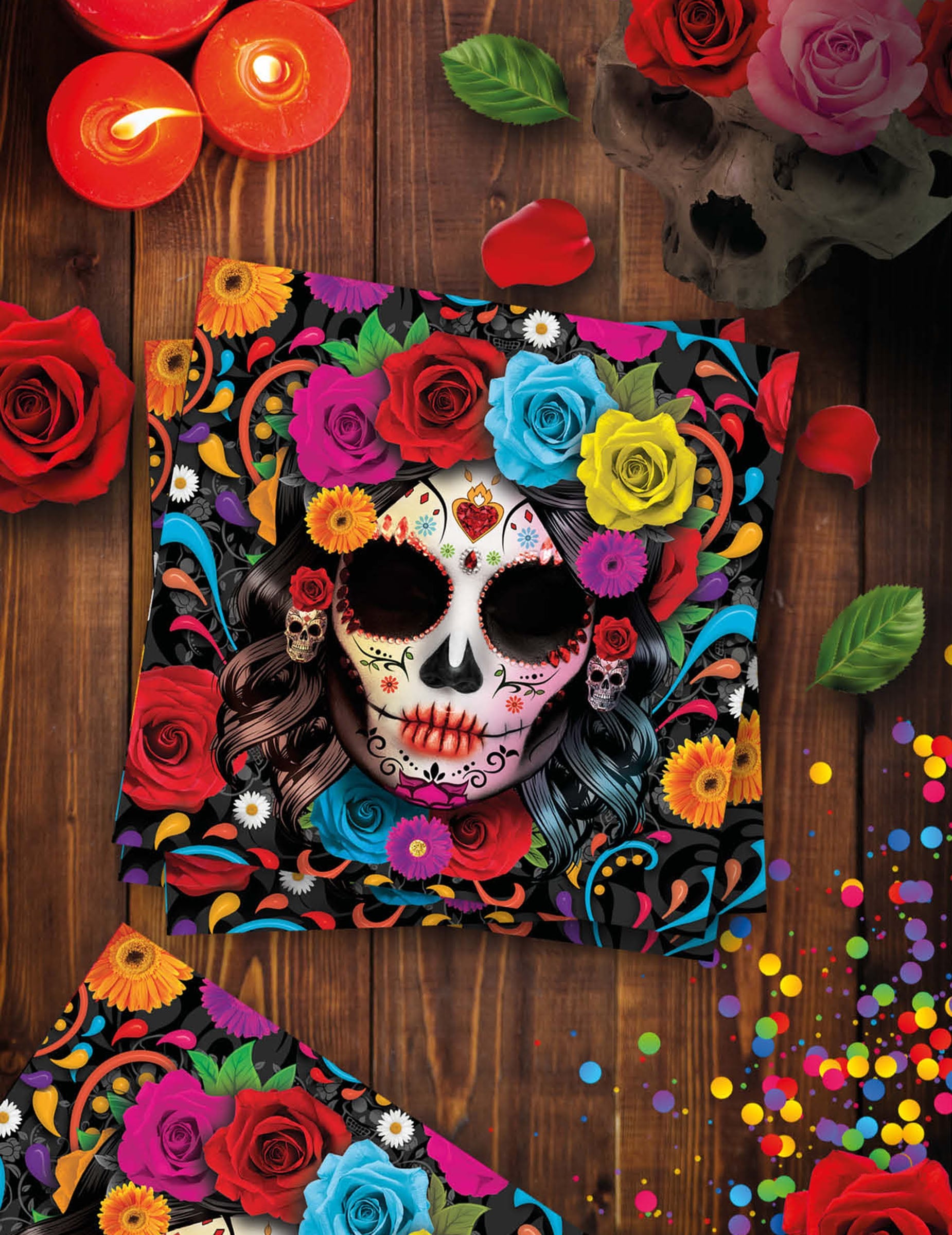 Mise en situation festive des serviettes Catrina Dia de los muertos