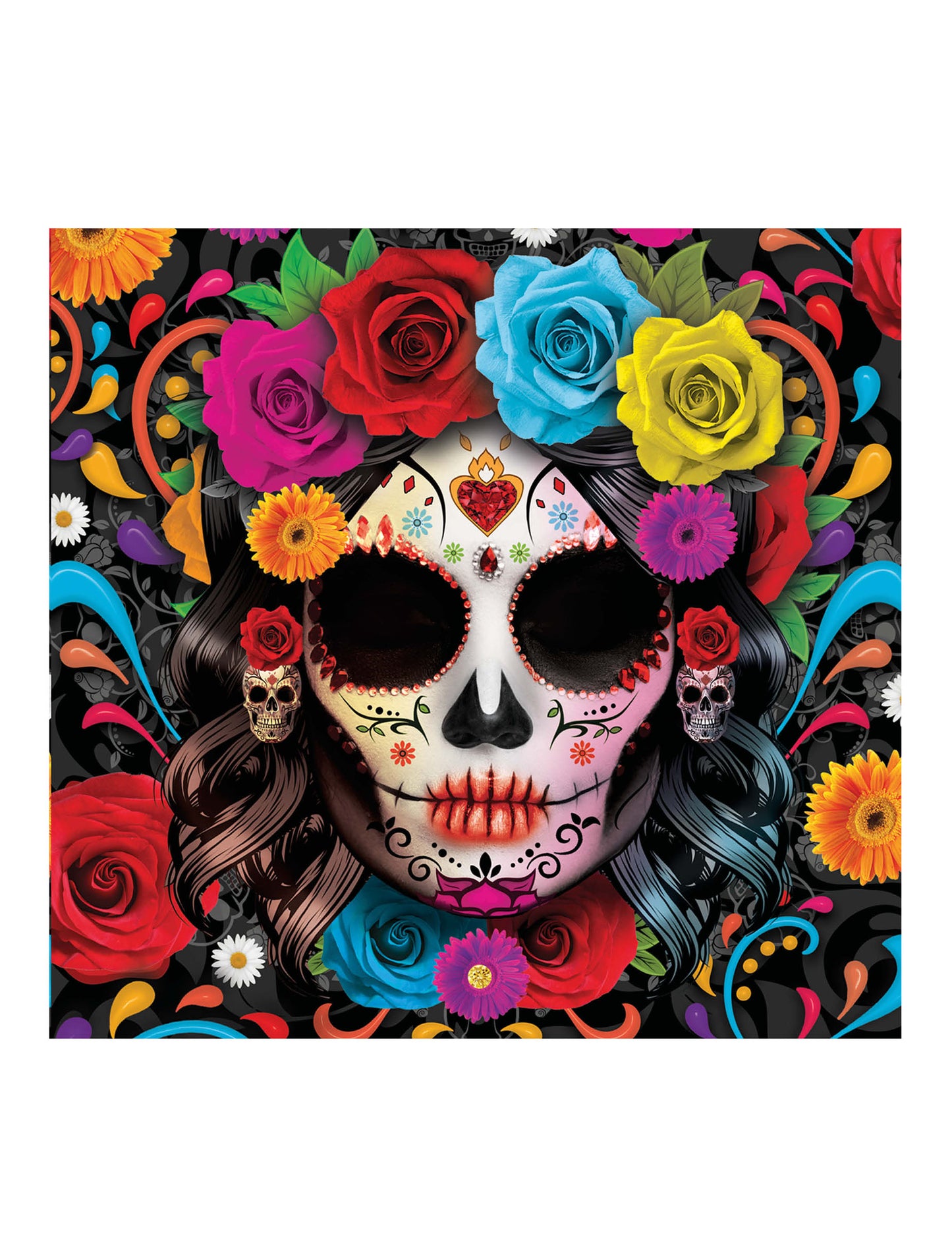 Serviettes Catrina Dia de los muertos multicolores avec fleurs