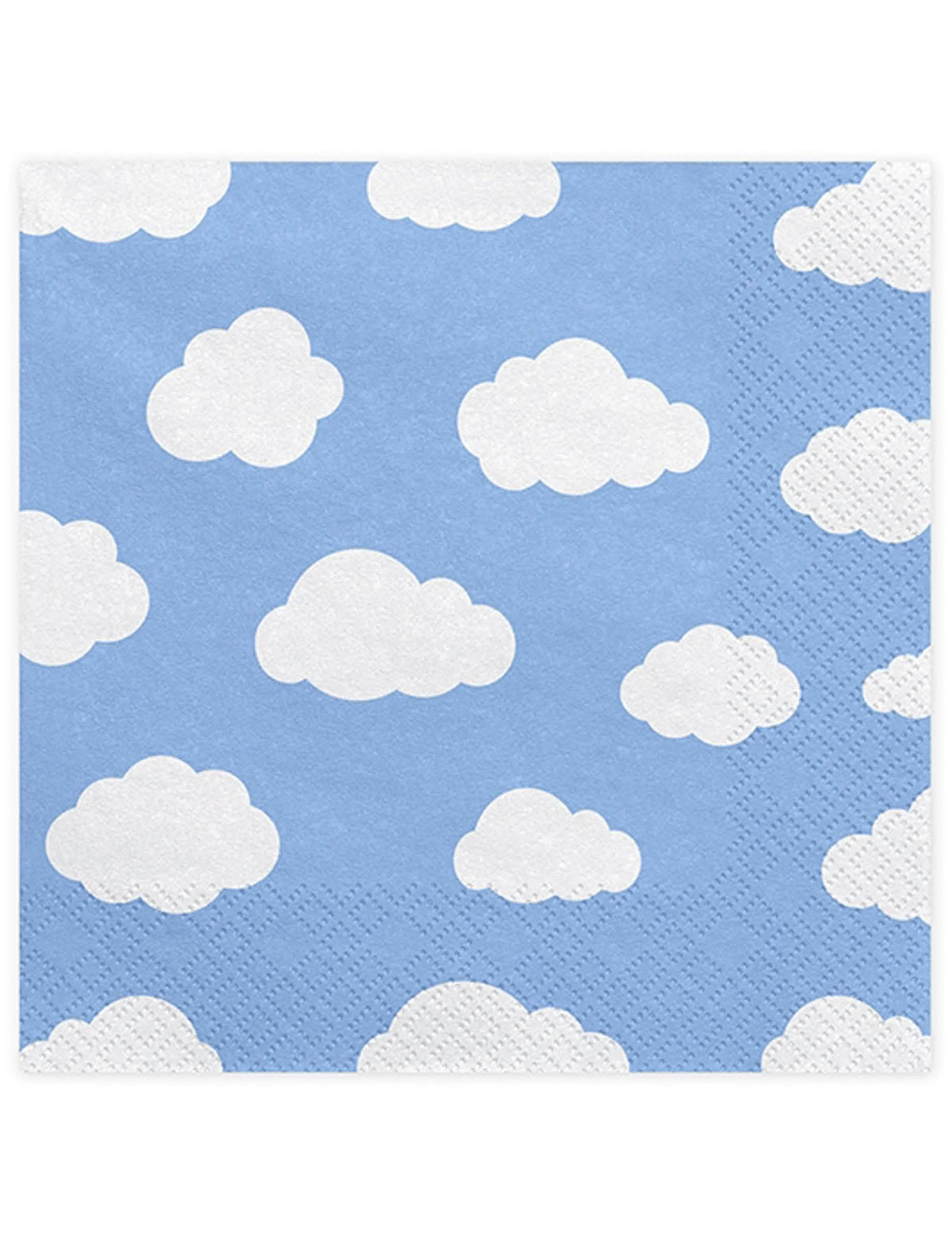 Mise en scène des serviettes en papier petits nuages pour baby shower bleu et blanc