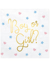 Serviettes en papier Boy or Girl pour baby shower blanches avec inscriptions dorées cœurs et étoiles