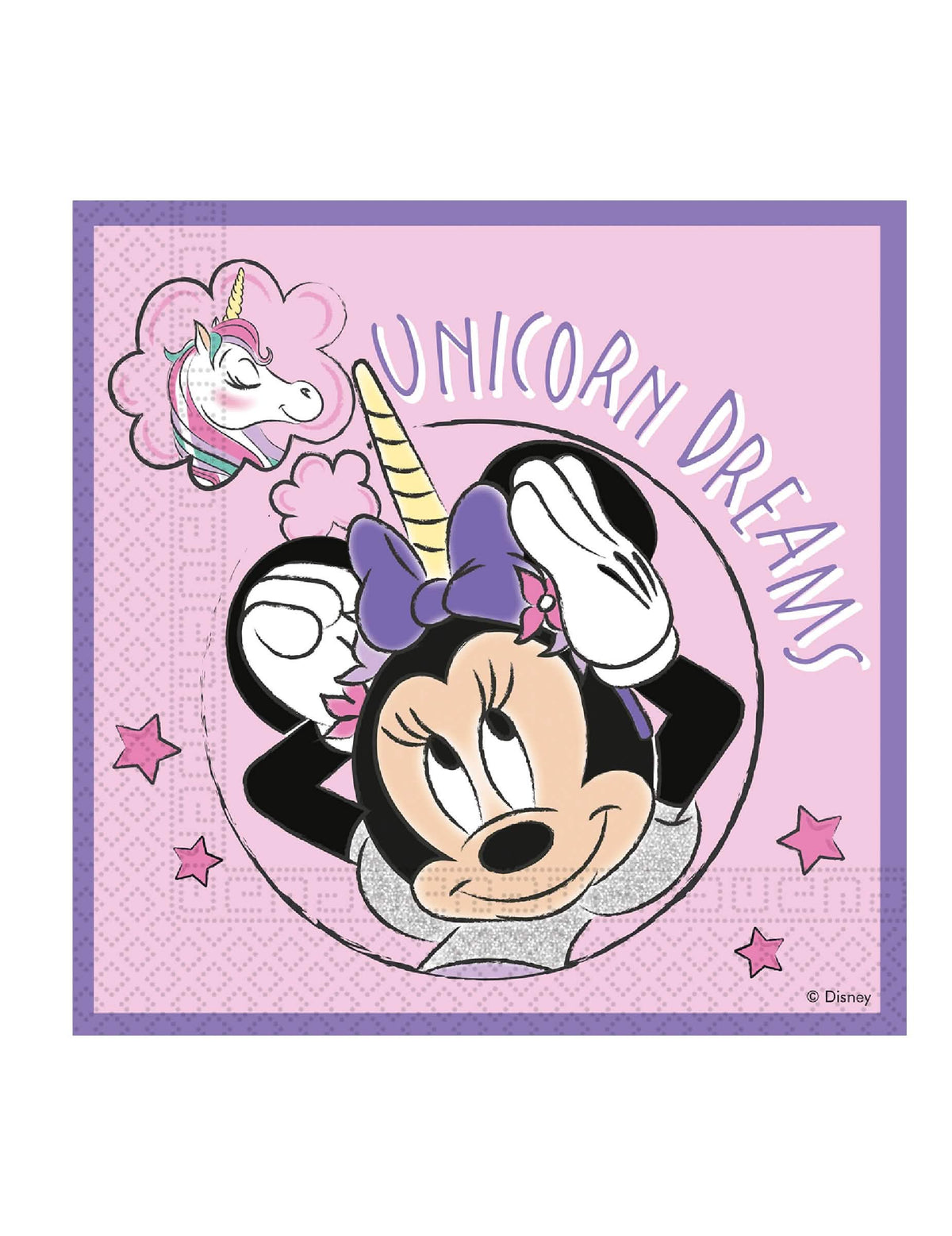 Serviettes en papier compostable Minnie Licorne pour enfant rose et violette
