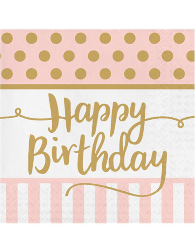 Serviettes en papier Happy Birthday pour anniversaire rose et or à pois et rayures