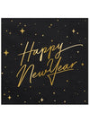 Serviettes en papier Happy New Year noires et dorées avec décor étoilé