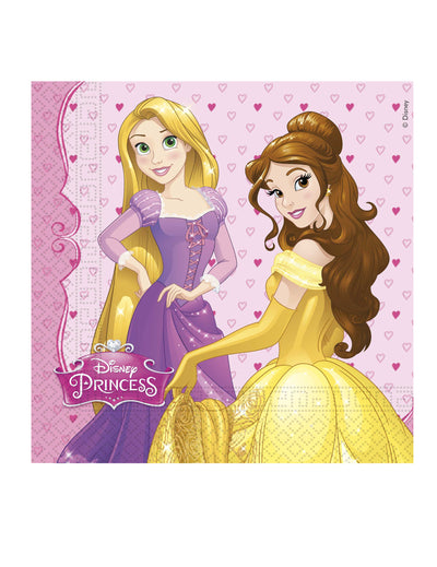 Serviettes en papier Princesses Disney cœurs pour enfant rose avec Raiponce et Belle