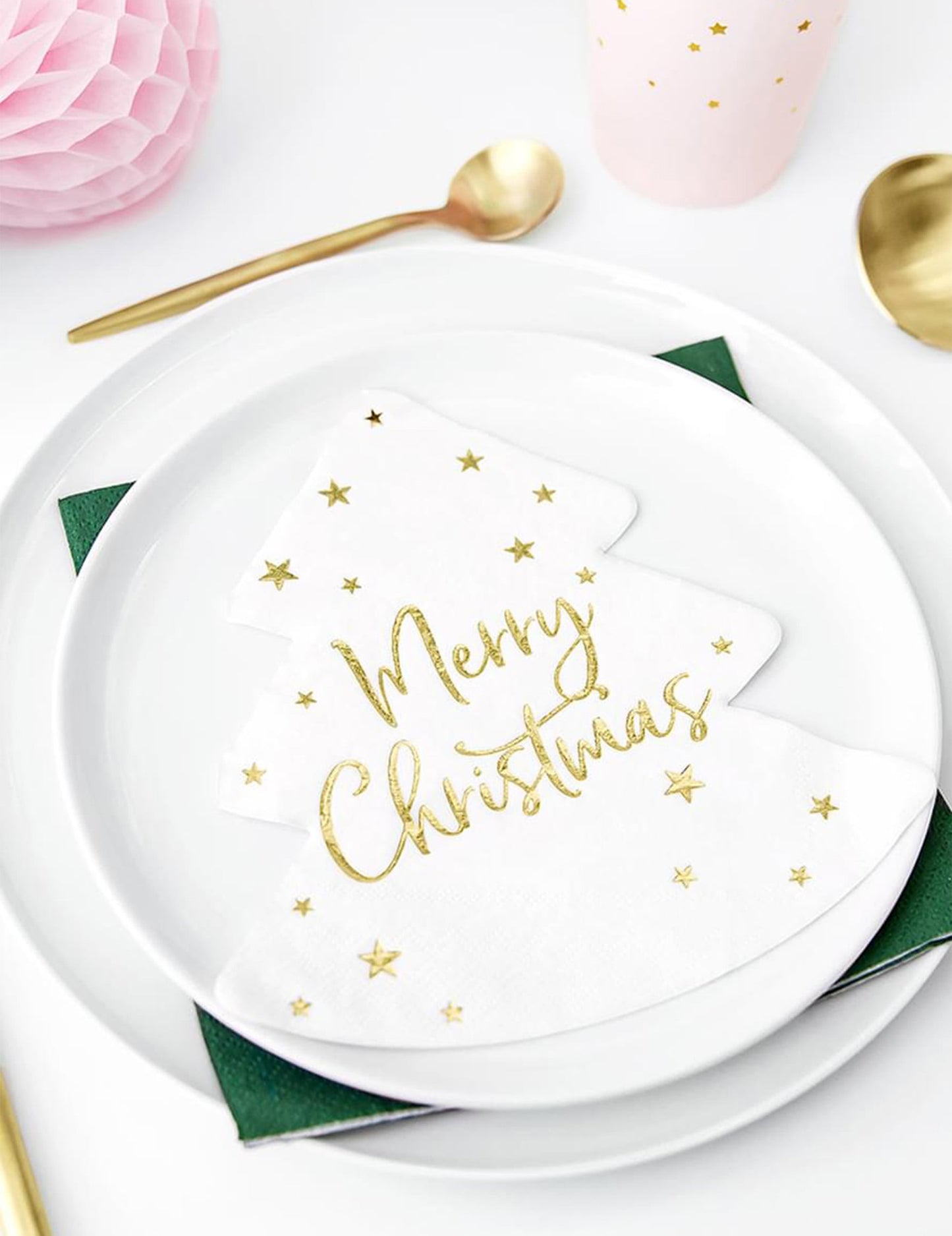 Serviettes en papier sapin merry christmas blanc et or