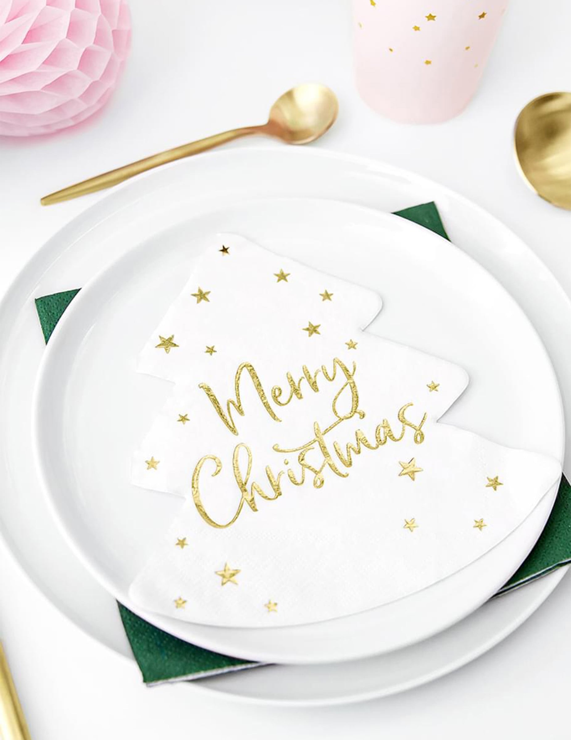Serviettes en papier sapin merry christmas blanc et or