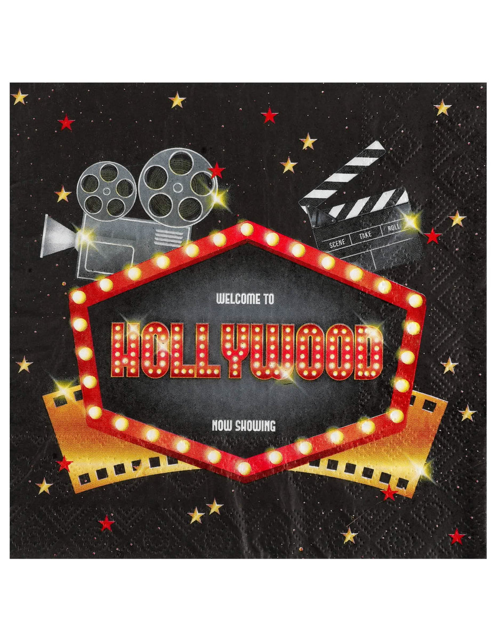 hollywood-servetit juhliin, mustat, joissa on filmiklappi- ja elokuvakamerakuvioita