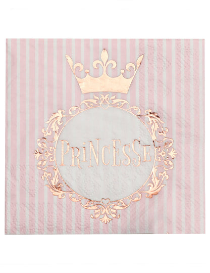 Serviettes Princesse rose gold à rayures roses et blanches avec motif de couronne