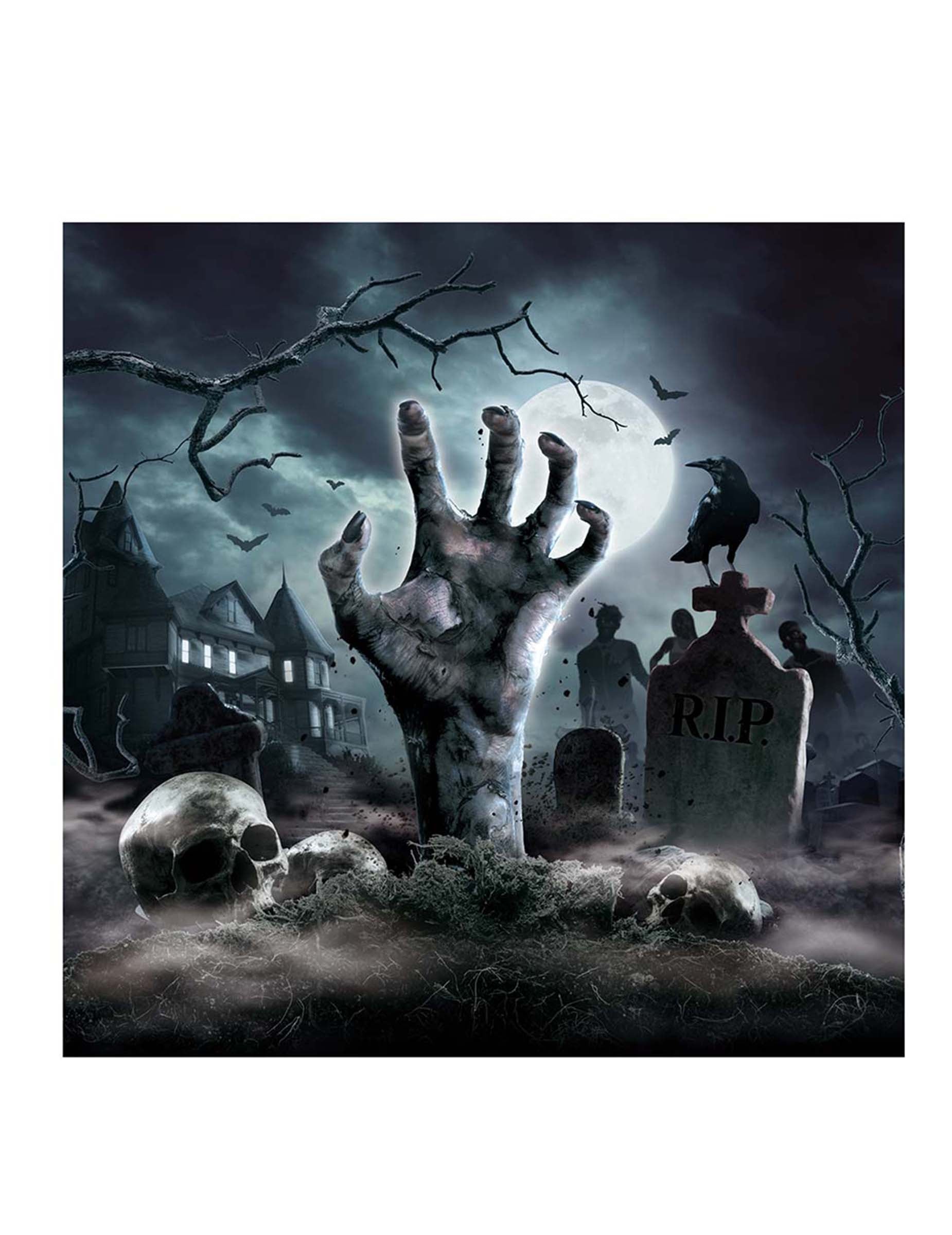 Serviettes revenants du cimetière pour Halloween avec main de zombie et crânes