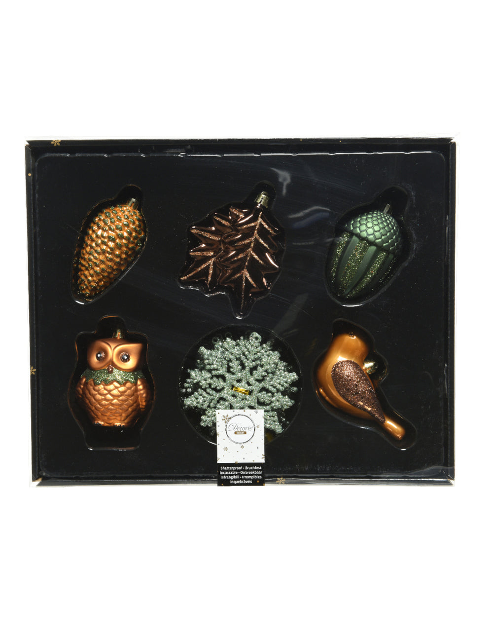 Vue du coffret des suspensions Noël nature animaux et flocons pour sapin